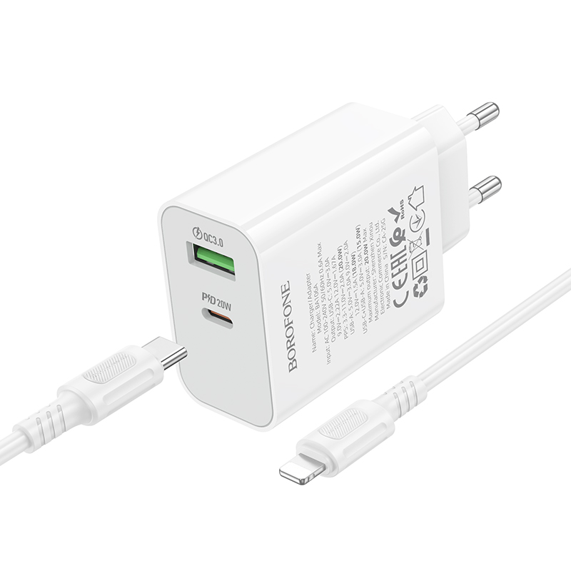 Сетевое зарядное устройство BOROFONE BA106A Stellar 1xUSB + 1xUSB-C с Кабелем Type-C - Lightning, 3A, 20W, белый фото