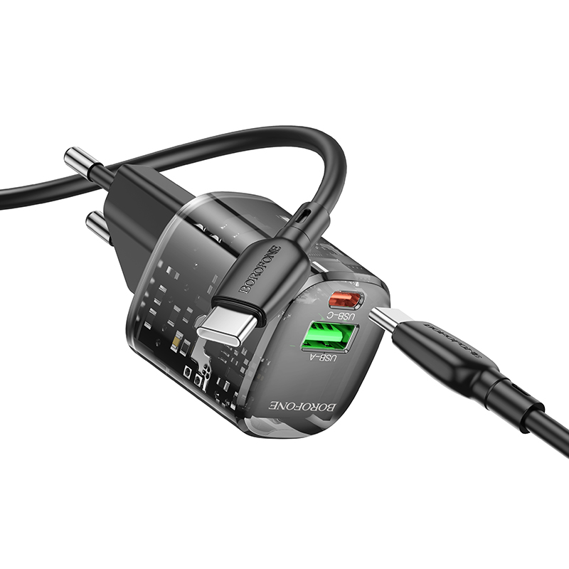 Сетевое зарядное устройство BOROFONE BN17 Sunlight 1xUSB + 1xUSB-C с Кабелем Type-C - Type-C, 3A, 20W, прозрачный черный фото