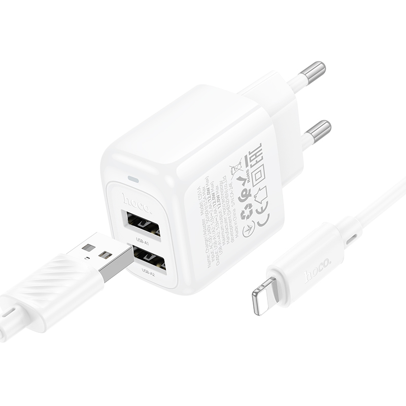 Сетевое зарядное устройство HOCO CS51A Surplus 2xUSB с Кабелем USB - Lightning, 2.4A, белый фото