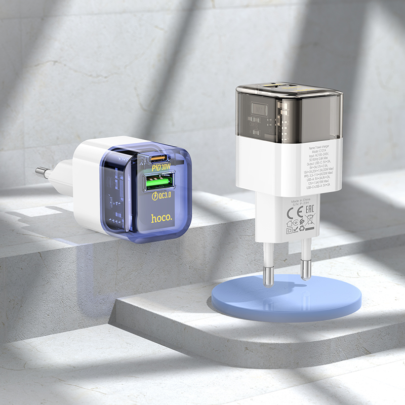 Сетевое зарядное устройство HOCO C131A Platinum 1xUSB + 1xUSB-C с Кабелем Type-C - Type-C, 3A, 30W, прозрачный черный фото