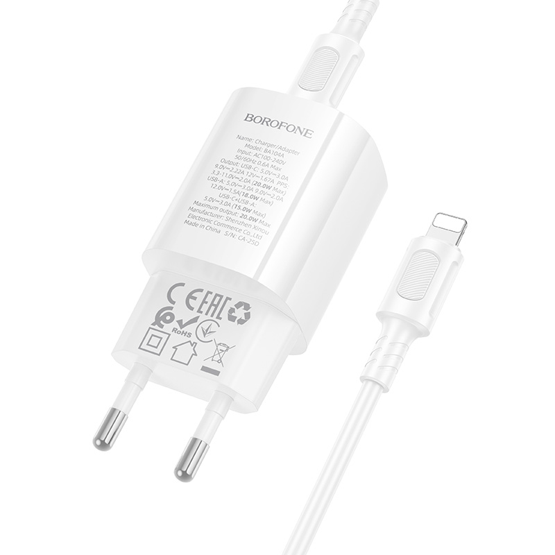 Сетевое зарядное устройство BOROFONE BA104A Pudding 1xUSB + 1xUSB-C с Кабелем Type-C - Lightning, 3A, 20W, белый фото