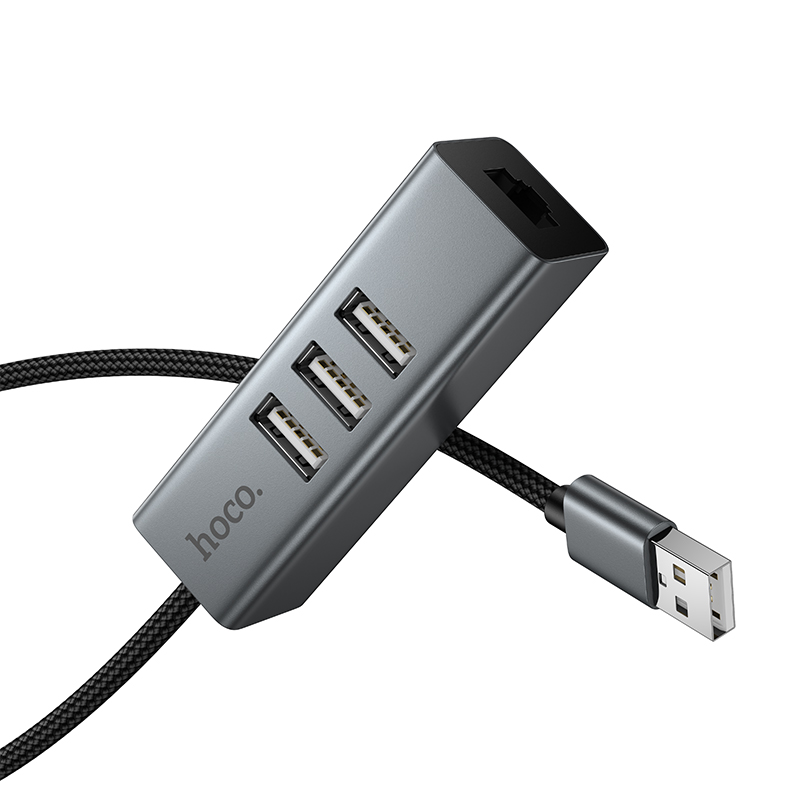 USB HUB разветвитель HOCO HB1D 4 в 1 USB (m) - 3xUSB2.0 (f) + RJ45 (f), 1 м, серый металлик фото