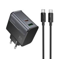 Сетевое зарядное устройство HOCO CS74A Star 1xUSB + 1xUSB-C с Кабелем Type-C - Type-C, 45W, черный фото