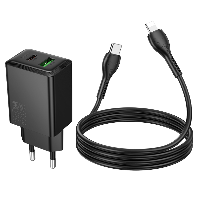 Сетевое зарядное устройство HOCO N71 Nuevo 1xUSB + 1xUSB-C с Кабелем Type-C - Lightning, 3A, 30W, черный фото