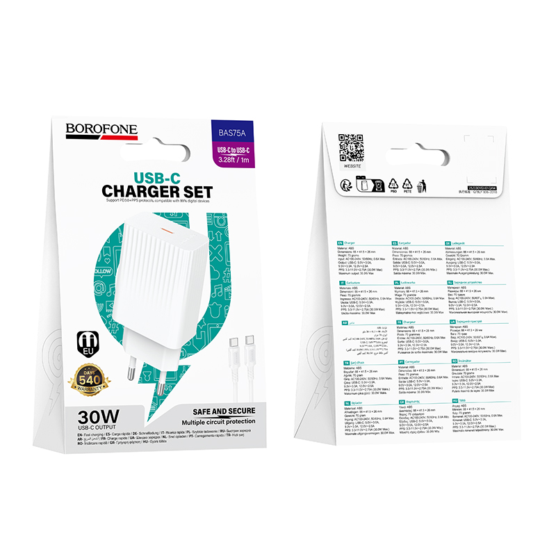 Сетевое зарядное устройство BOROFONE BAS75A Source 1xUSB-C с Кабелем Type-C - Type-C, 30W, белый фото