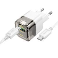 Сетевое зарядное устройство HOCO C131A Platinum 1xUSB + 1xUSB-C с Кабелем Type-C - Type-C, 3A, 30W, прозрачный черный фото