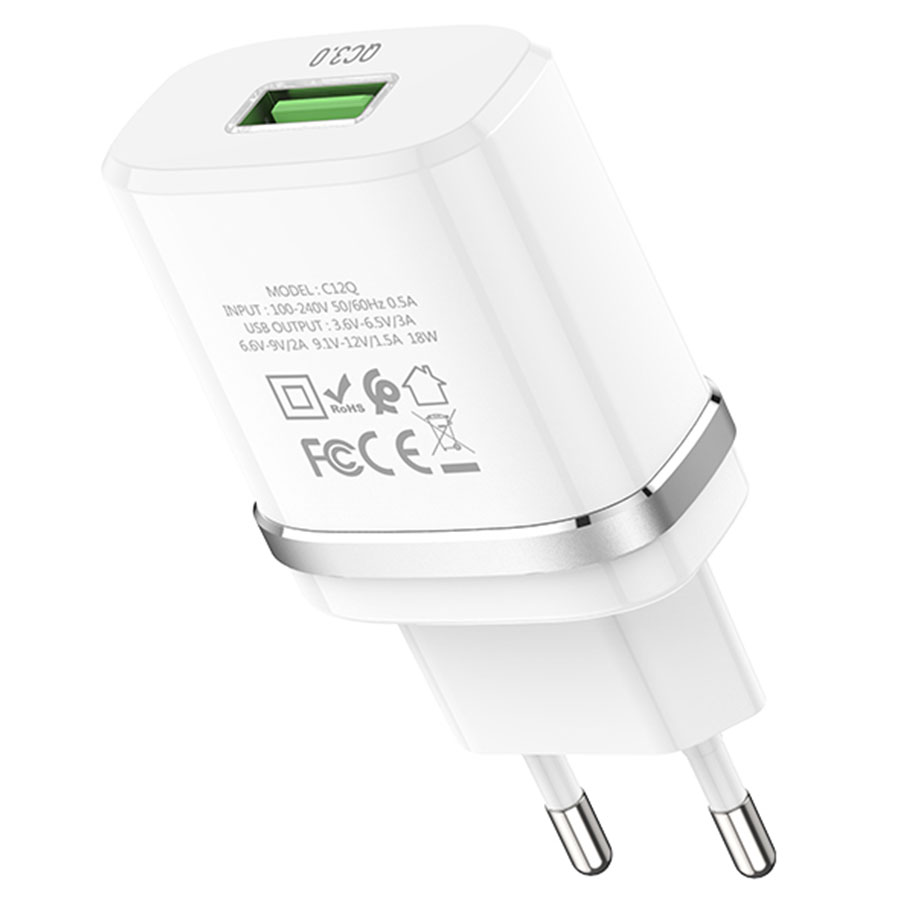 Сетевое зарядное устройство HOCO C12Q Smart 1xUSB, 3A, 18W, белый фото