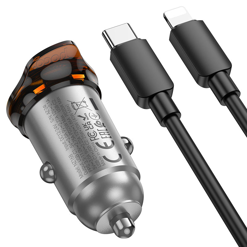 Автомобильное зарядное устройство HOCO NZ16B Rigorous, 2xUSB-C с Кабелем Type-C - Lightning, 45W, серый металлик фото