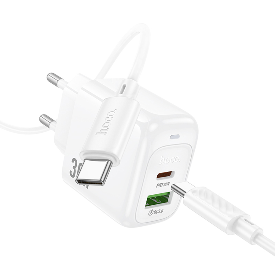 Сетевое зарядное устройство HOCO CS55A Surplus 1xUSB + 1xUSB-C с Кабелем Type-C - Type-C, 30W, белый фото