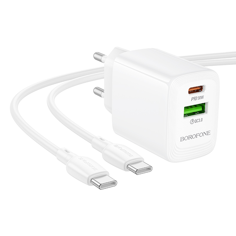 Сетевое зарядное устройство BOROFONE BN29 Fuente 1xUSB + 1xUSB-C с Кабелем Type-C - Type-C, 3A, 30W, белый фото