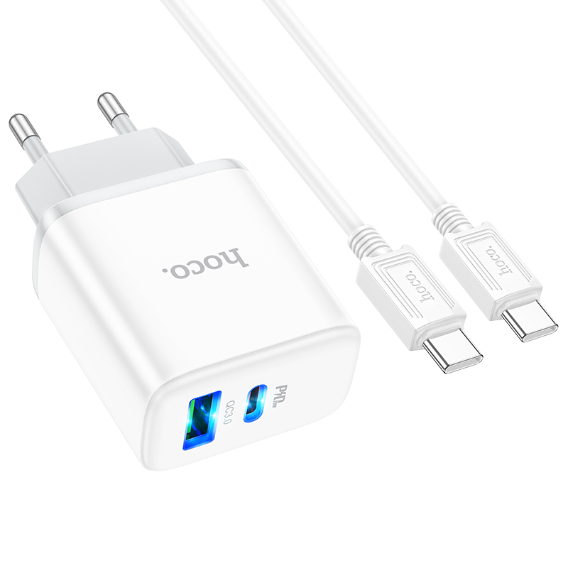 Сетевое зарядное устройство HOCO C105A Stage 1xUSB + 1xUSB-C с Кабелем Type-C - Type-C, 3A, 20W, белый фото