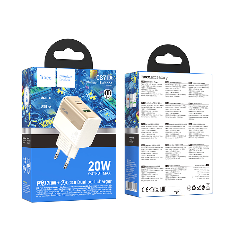 Сетевое зарядное устройство HOCO CS71A Star 1xUSB + 1xUSB-C, 3A, 20W, белый фото