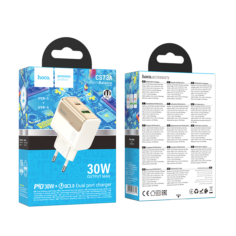 Сетевое зарядное устройство HOCO CS73A Star 1xUSB + 1xUSB-C, 3A, 30W, белый фото
