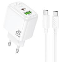 Сетевое зарядное устройство HOCO CS54A Surplus 1xUSB + 1xUSB-C с Кабелем Type-C - Type-C, 20W, белый фото