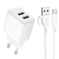 Сетевое зарядное устройство BOROFONE BAS41A Potential 2xUSB с Кабелем USB - Type-C, 2A, белый фото