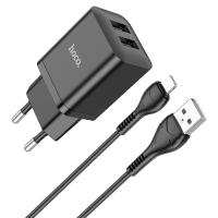 Сетевое зарядное устройство HOCO N25 Maker 2xUSB с Кабелем USB - Lightning, 2.1A, 10W, черный фото