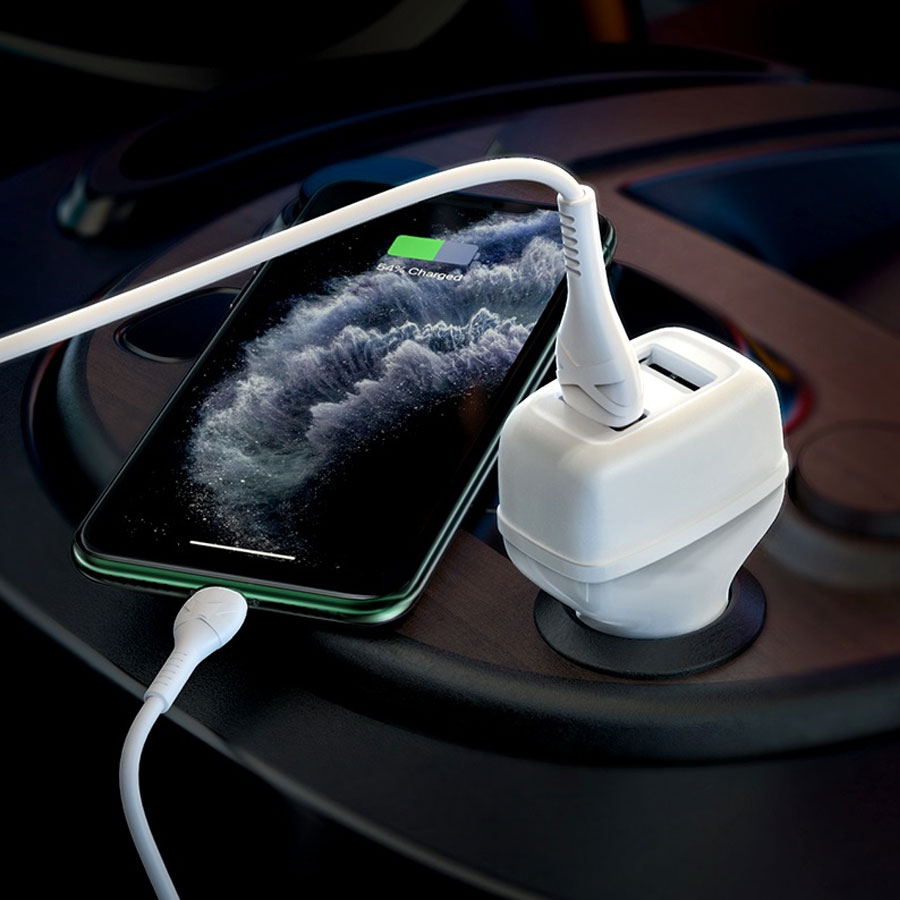 Автомобильное зарядное устройство HOCO Z36 Leader, 2xUSB с Кабелем USB - Lightning, 2.4A, белый фото