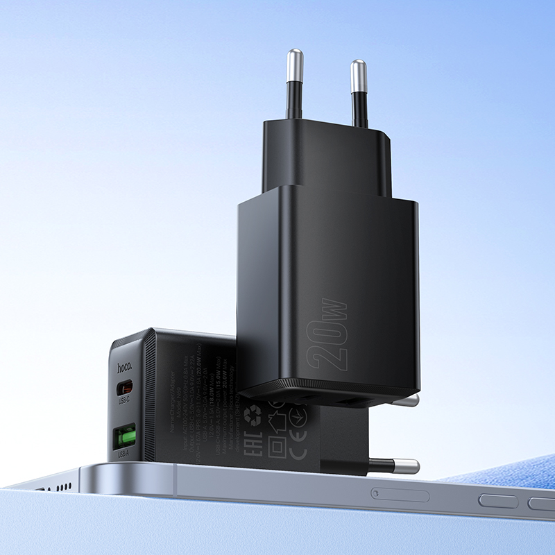 Сетевое зарядное устройство HOCO N69 Nuevo 1xUSB + 1xUSB-C, 3A, 20W, черный фото