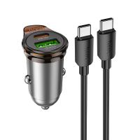 Автомобильное зарядное устройство HOCO NZ16A Rigorous, 1xUSB + 1xUSB-C с Кабелем Type-C - Type-C, 43W, серый металлик фото