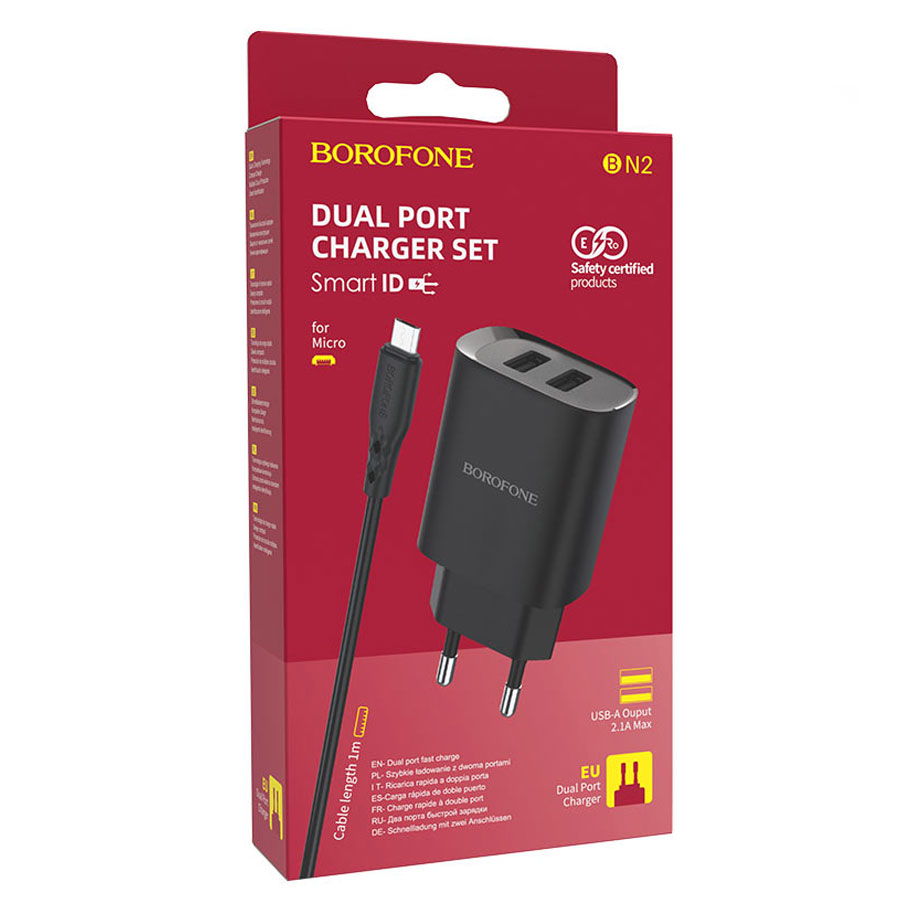 Сетевое зарядное устройство BOROFONE BN2 super fast 2xUSB с Кабелем USB - Micro, 2.1A, черный фото