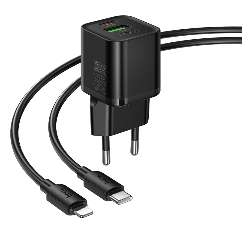 Сетевое зарядное устройство HOCO N65 Ingenious 1xUSB + 1xUSB-C с Кабелем Type-C - Lightning, 3A, 20W, черный фото