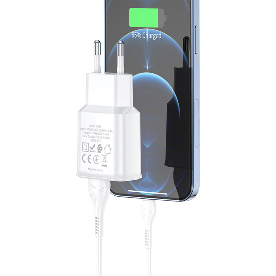 Сетевое зарядное устройство HOCO C88A Star 2xUSB с Кабелем USB - Lightning, 2.4A, 10.8W, белый фото