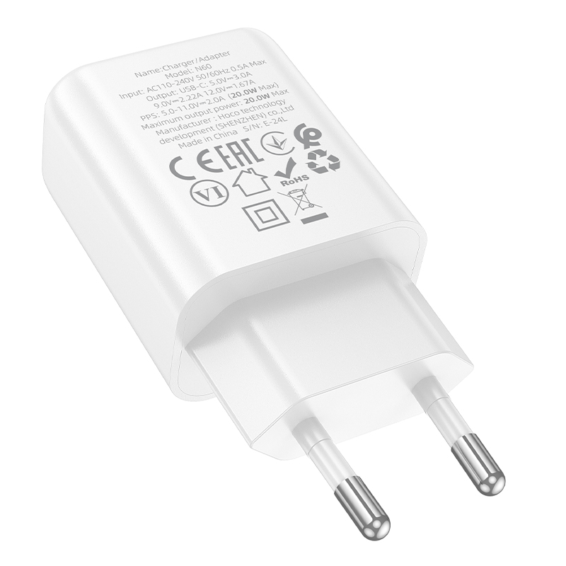 Сетевое зарядное устройство HOCO N60 Gentle 1xUSB-C, 20W, белый фото
