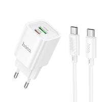 Сетевое зарядное устройство HOCO C149A Charm 1xUSB + 1xUSB-C с Кабелем Type-C - Type-C, 3A, 30W, белый фото