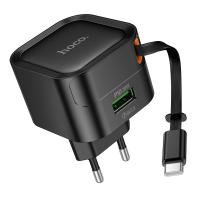 Сетевое зарядное устройство HOCO C154A Changer 1xUSB + 1xUSB-C с Кабелем Type-C, 3A, 20W, черный фото