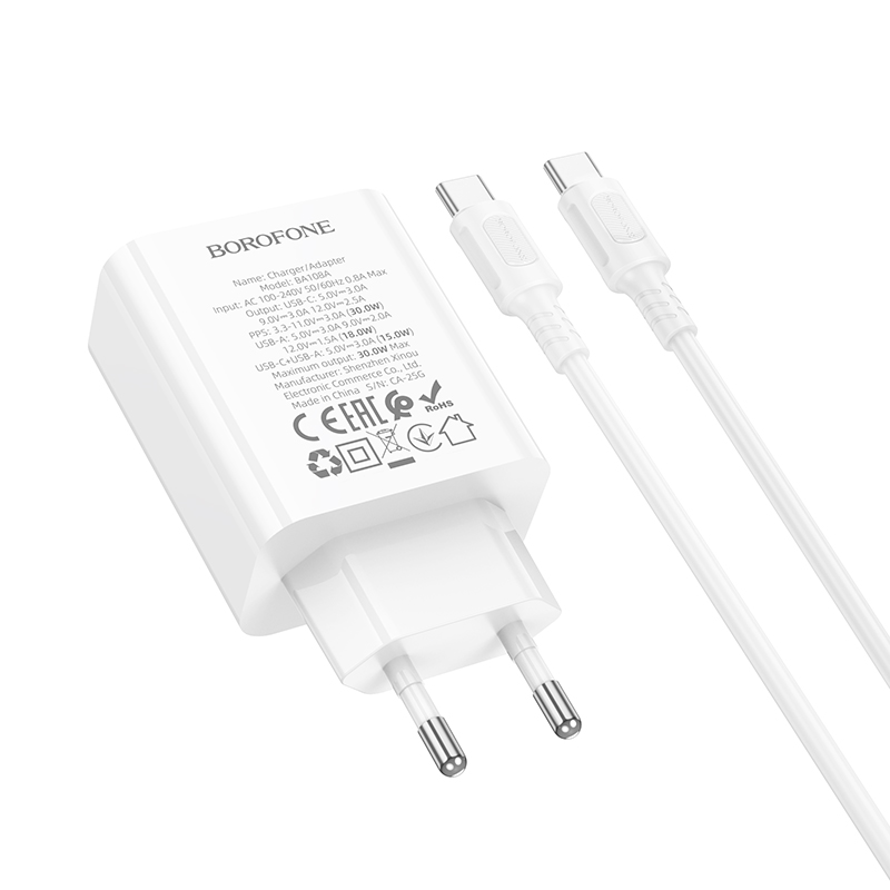 Сетевое зарядное устройство BOROFONE BA108A Stellar 1xUSB + 1xUSB-C с Кабелем Type-C - Type-C, 3A, 30W, белый фото
