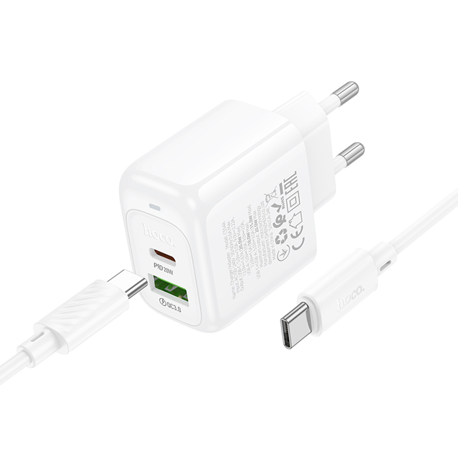 Сетевое зарядное устройство HOCO CS54A Surplus 1xUSB + 1xUSB-C с Кабелем Type-C - Type-C, 20W, белый фото