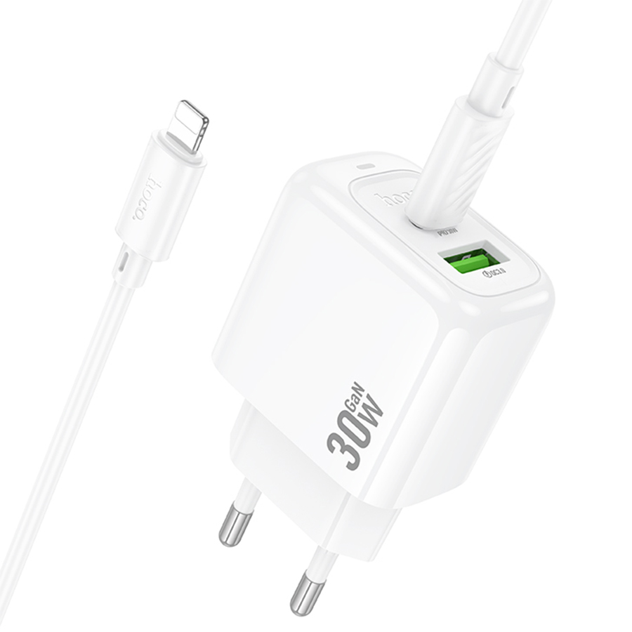 Сетевое зарядное устройство HOCO CS55A Surplus 1xUSB + 1xUSB-C с Кабелем Type-C - Lightning, 30W, белый фото