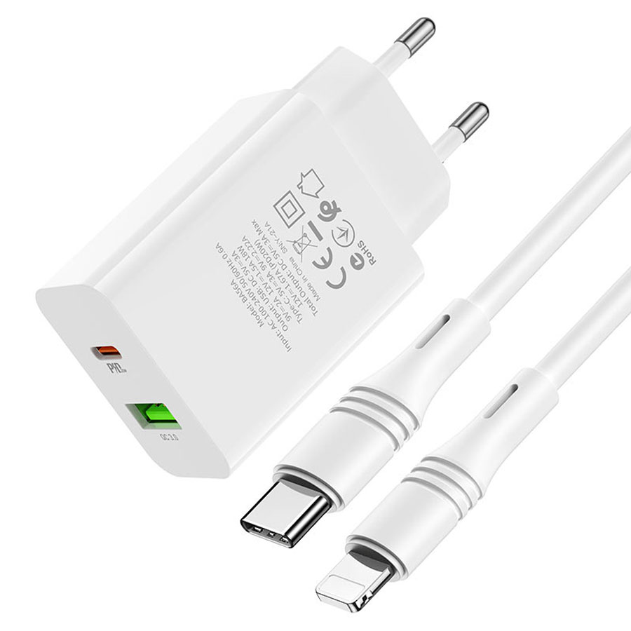 Сетевое зарядное устройство BOROFONE BA56A Lavida 1xUSB + 1xUSB-C с Кабелем Type-C - Lightning, 3.0A, 18W, белый фото