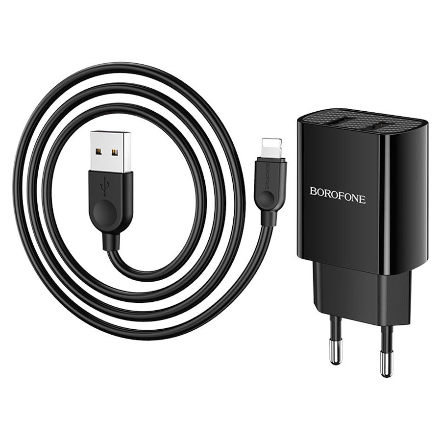 Сетевое зарядное устройство BOROFONE BA53A Powerway 2xUSB с Кабелем USB - Lightning, 2.1A, 10W, черный фото