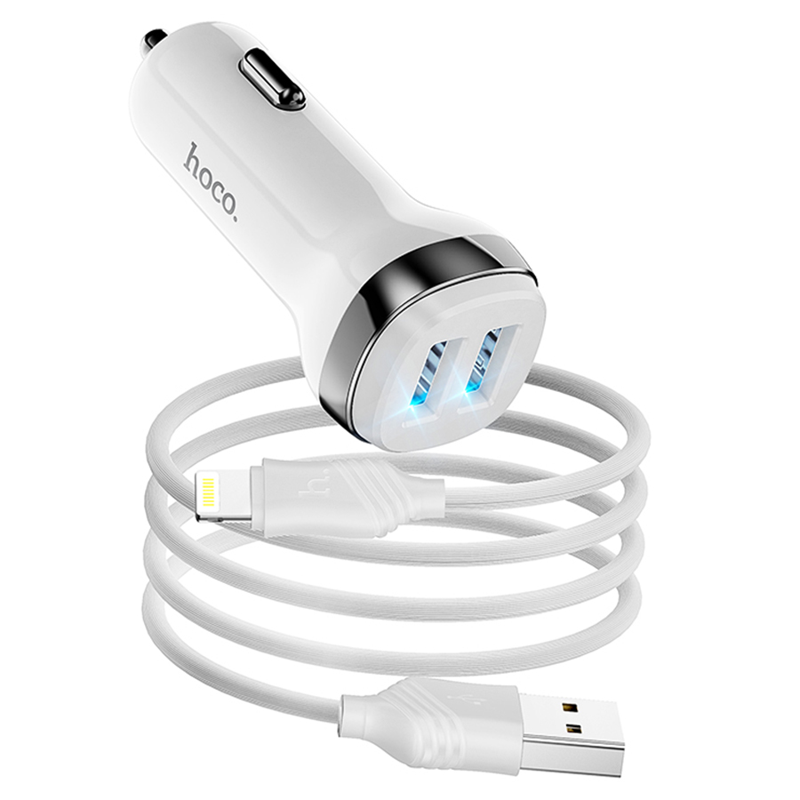 Автомобильное зарядное устройство HOCO Z40 Superior, 2xUSB с Кабелем USB - Lightning, 2.4A, белый фото