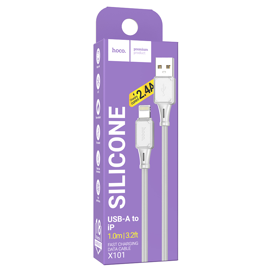 Кабель USB HOCO X101 Assistant USB - Lightning, 2.4А, 1 м, серый оптом недорого с доставкой Кабель USB HOCO X101 Assistant USB - Lightning, 2.4А, 1 м, серый фото