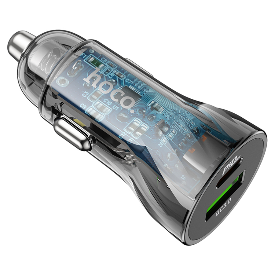 Автомобильное зарядное устройство HOCO Z47A Transparent Discovery, 1xUSB + 1xUSB-C, 3A, 20W, темно-прозрачный фото