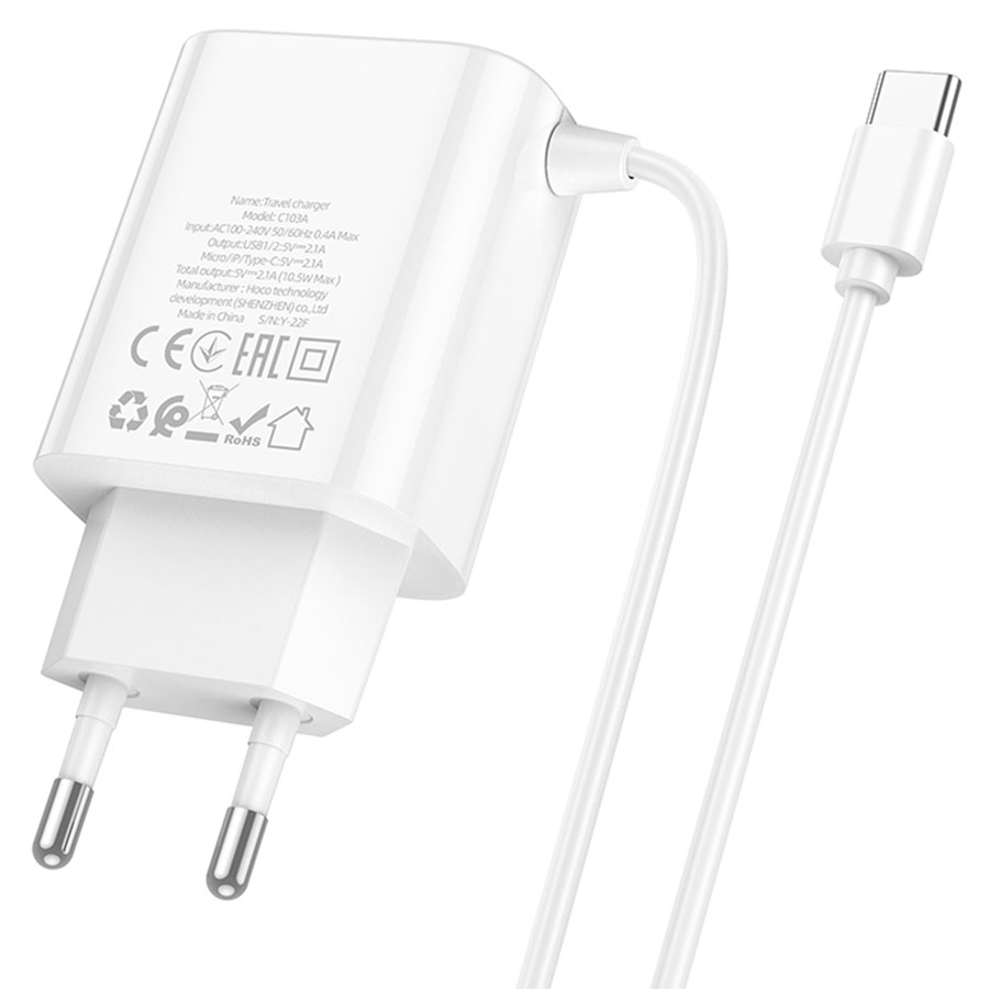 Сетевое зарядное устройство HOCO C103A Courser 2xUSB с Кабелем Type-C, 2.1A, 10W, белый фото