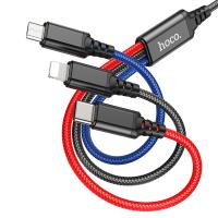 Кабель USB HOCO X76 3 в 1 USB - Type-C + Lightning + MicroUSB, 2А, 1 м, черный+красный+синий фото