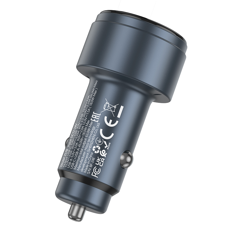 Автомобильное зарядное устройство HOCO Z57B Glorious, 1xUSB + 1xUSB-C, 63W, серый металлик фото