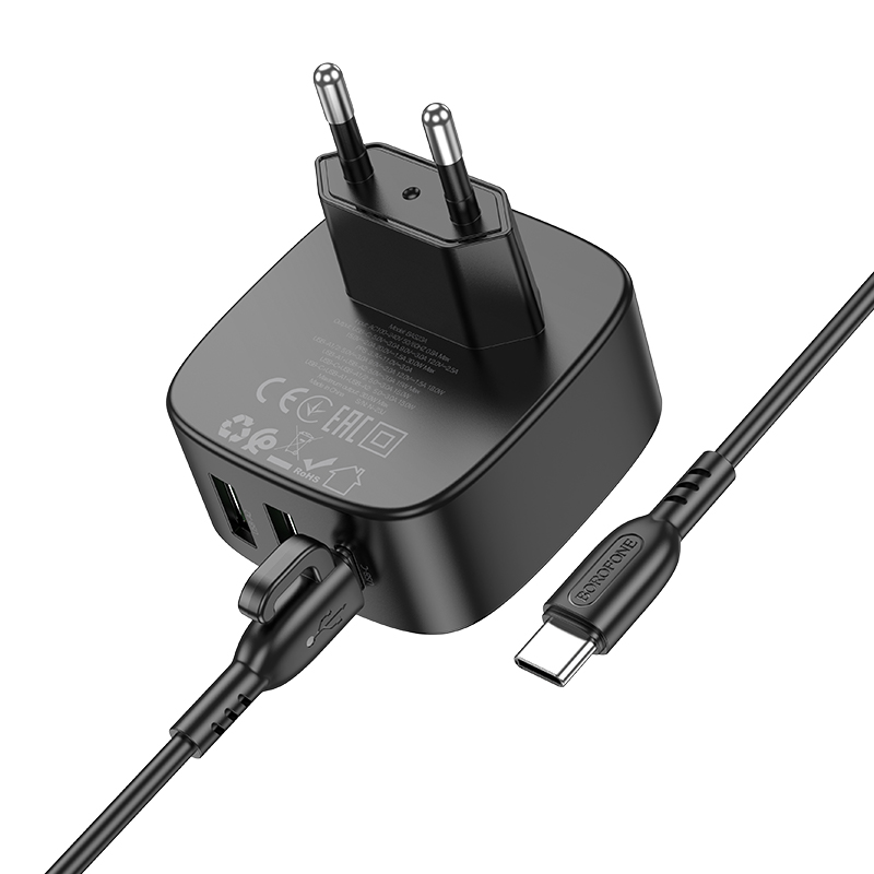 Сетевое зарядное устройство BOROFONE BAS23A Lucky 1xUSB + 2xUSB-C с Кабелем Type-C - Type-C, 3A, 30W, черный фото