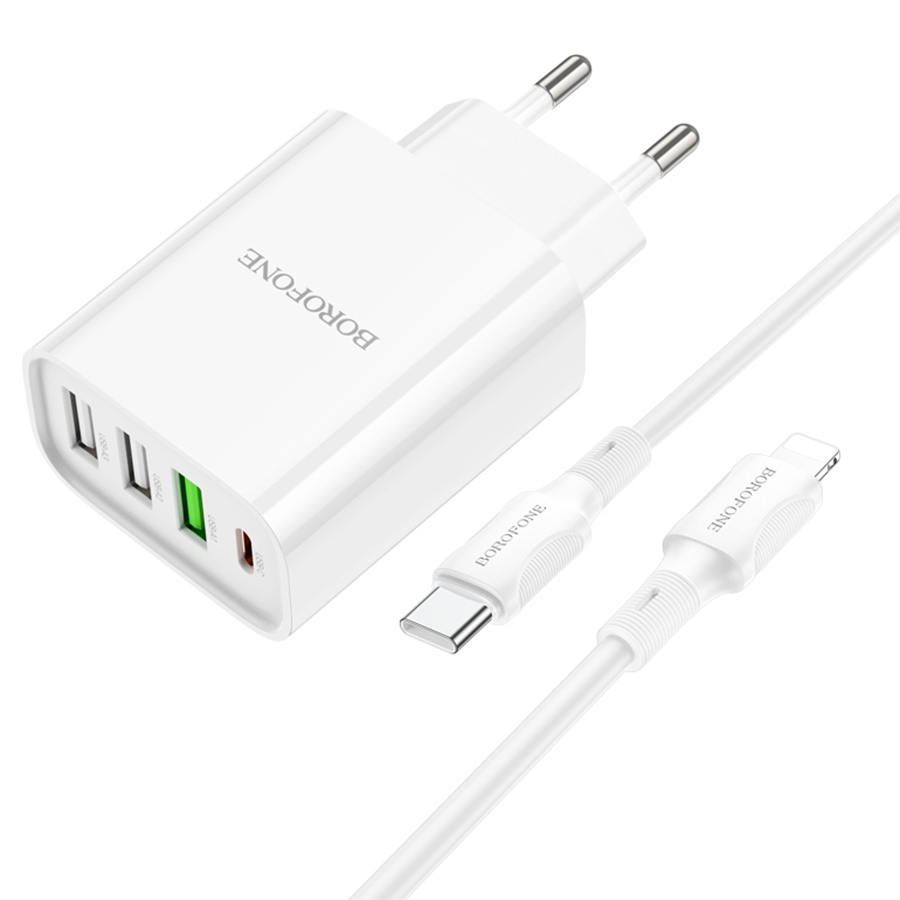 Сетевое зарядное устройство BOROFONE BA79A Clever 3xUSB + 1xUSB-C с Кабелем Type-C - Lightning, 20W, белый фото