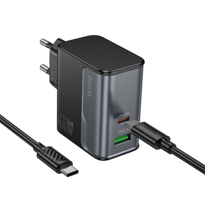 Сетевое зарядное устройство HOCO CS74A Star 1xUSB + 1xUSB-C с Кабелем Type-C - Type-C, 45W, черный фото