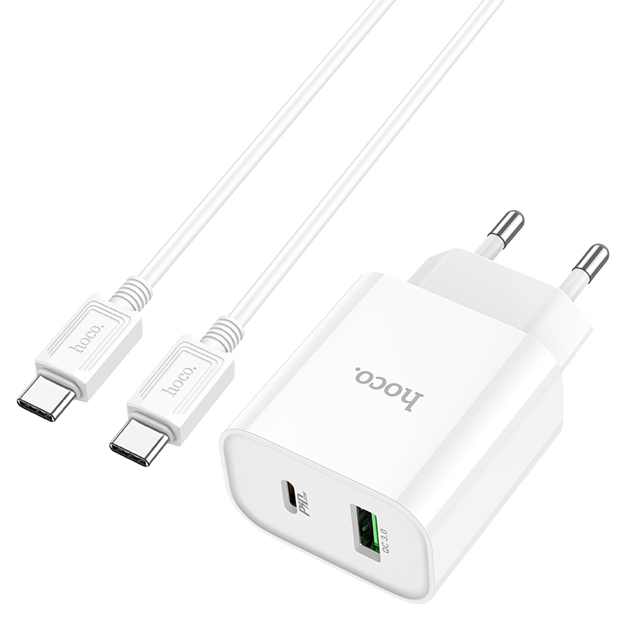 Сетевое зарядное устройство HOCO C80A Plus 1xUSB + 1xUSB-C с Кабелем Type-C - Type-C, 3.1A, 20W, белый фото