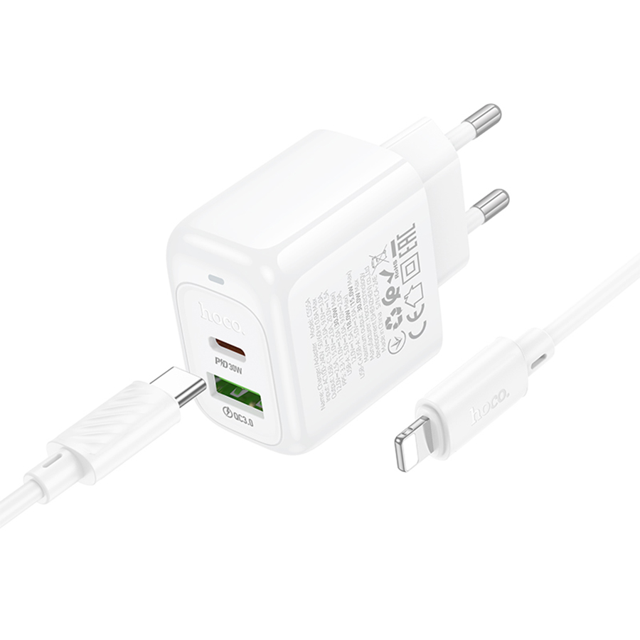 Сетевое зарядное устройство HOCO CS55A Surplus 1xUSB + 1xUSB-C с Кабелем Type-C - Lightning, 30W, белый фото