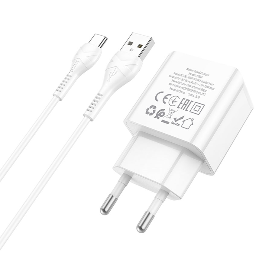 Сетевое зарядное устройство HOCO C98A Proton 1xUSB с Кабелем USB - Type-C, 3.0A, 18W, белый фото