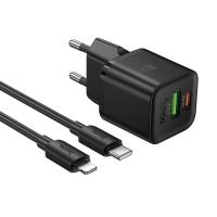 Сетевое зарядное устройство HOCO N65 Ingenious 1xUSB + 1xUSB-C с Кабелем Type-C - Lightning, 3A, 20W, черный фото