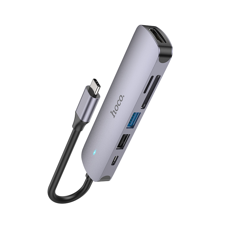USB HUB разветвитель HOCO HB28 6 в 1 Type-C (m) - USB3.0 + USB2.0 + Type-C PD + HDMI + SD/TF, 14 см, серый металлик фото