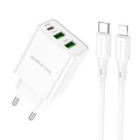 Сетевое зарядное устройство BOROFONE BA70A Quick 2xUSB + 1xUSB-C с Кабелем Type-C - Lightning, 3A, 20W, белый фото