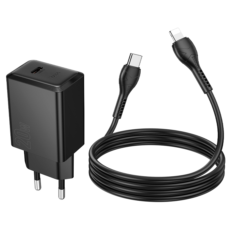 Сетевое зарядное устройство HOCO N68 Nuevo 1xUSB-C с Кабелем Type-C - Lightning, 20W, черный фото